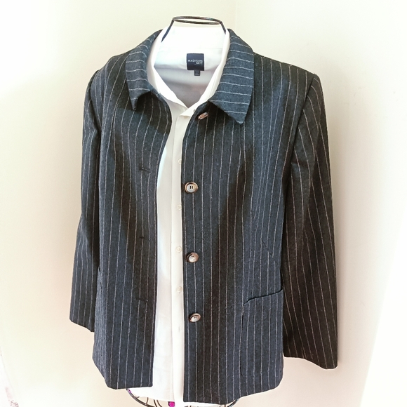 Vintage 100% Wool Blazer Jacket sz 16 Pinstripe Pockets Asphalt Gray - Picture 5 of 17